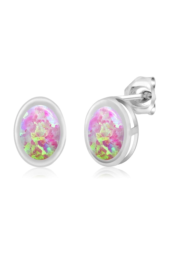 1.26 Ct Oval Cabochon 7x5mm Bezel Setting Pink Simulated Opal 925 Silver Stud Earrings for Women Men