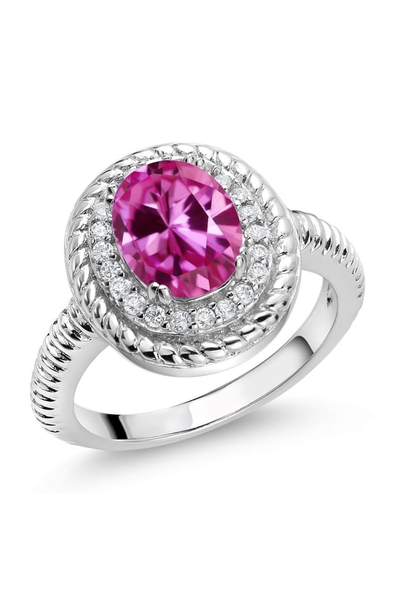 1.26 Ct Oval Pink Created Sapphire 925 Sterling Silver Halo Engagement Ring (Size 6)