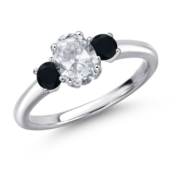 Gem Stone King 925 Sterling Silver White Topaz and Black Onyx Engagement Ring for Women | 1.26 Cttw | Oval 7X5MM | Gemstone November Birthstone | Size 7