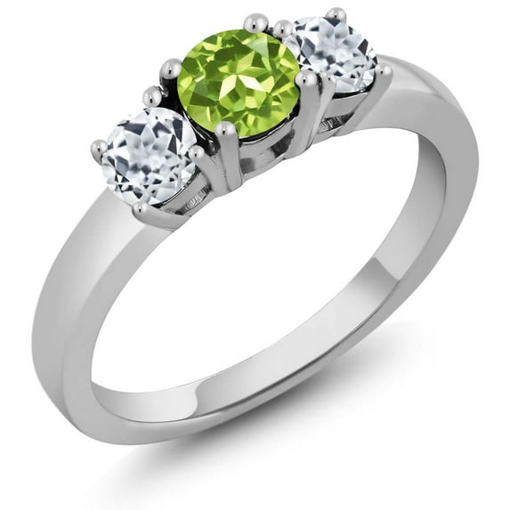 Gem Stone King 1.26 Ct Round Green Peridot White Topaz 925 Sterling Silver 3-Stone Ring