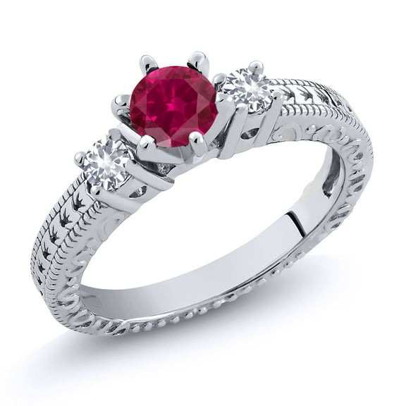 Gem Stone King 1.26 Ct Round Red Created Ruby White Created Sapphire 925 Sterling Silver Ring (Size 5)