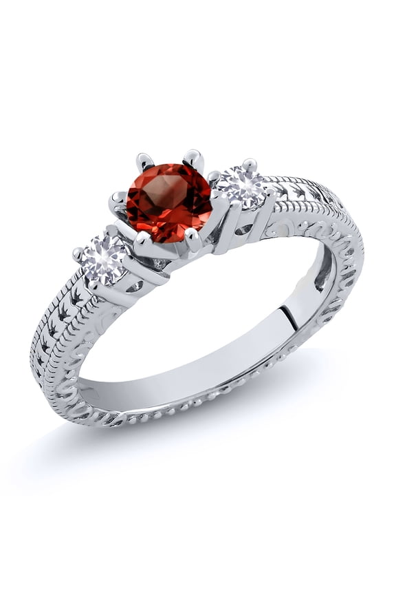 1.26 Ct Round Red Garnet White Created Sapphire 925 Sterling Silver Ring (Size 6)