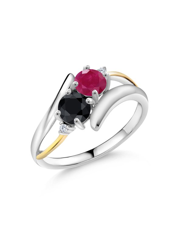1.26 Ct Round Red Ruby Black Sapphire 925 Silver and 10K Yellow Gold Ring (Size 5)