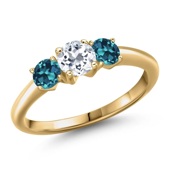 Gem Stone King 18K Yellow Gold Plated Silver White Topaz and London Blue Topaz Engagement Ring for Women | 1.26 Cttw | Round 5MM | Gemstone November Birthstone | Size 6