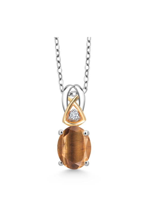 1.27 Ct Brown Tiger Eye E-F Lab Grown Diamond 925 Silver and 10K Yellow Gold Pendant with Chain