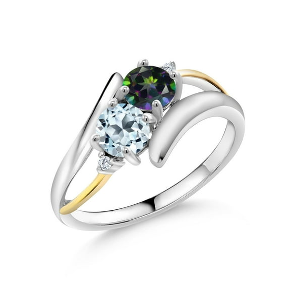 Gem Stone King 1.27 Cttw Green Mystic Topaz Sky Blue Topaz and Lab Grown Diamond 925 Silver and 10K Yellow Gold Two Stone Crossover Ring for Women (Size 9)