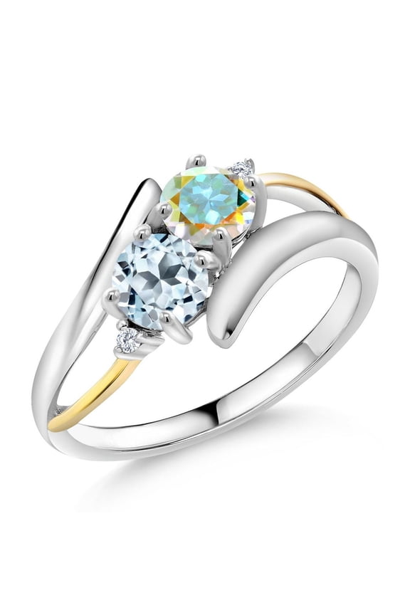1.27 Ct Mercury Mist Mystic Topaz Sky Blue Topaz 925 Silver and 10K Yellow Gold Lab Grown Diamond Two Stone Crossover Ring (Size 9)