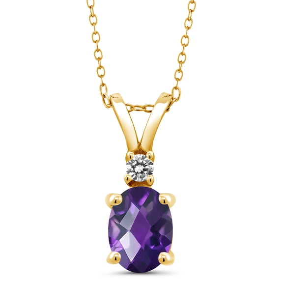 Gem Stone King 1.27 Ct Oval Checkerboard Purple Amethyst White Diamond 18K Yellow Gold Plated Silver Pendant with Chain