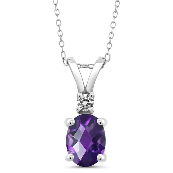 Gem Stone King 1.27 Ct Oval Checkerboard Purple Amethyst White Diamond 925 Silver Pendant