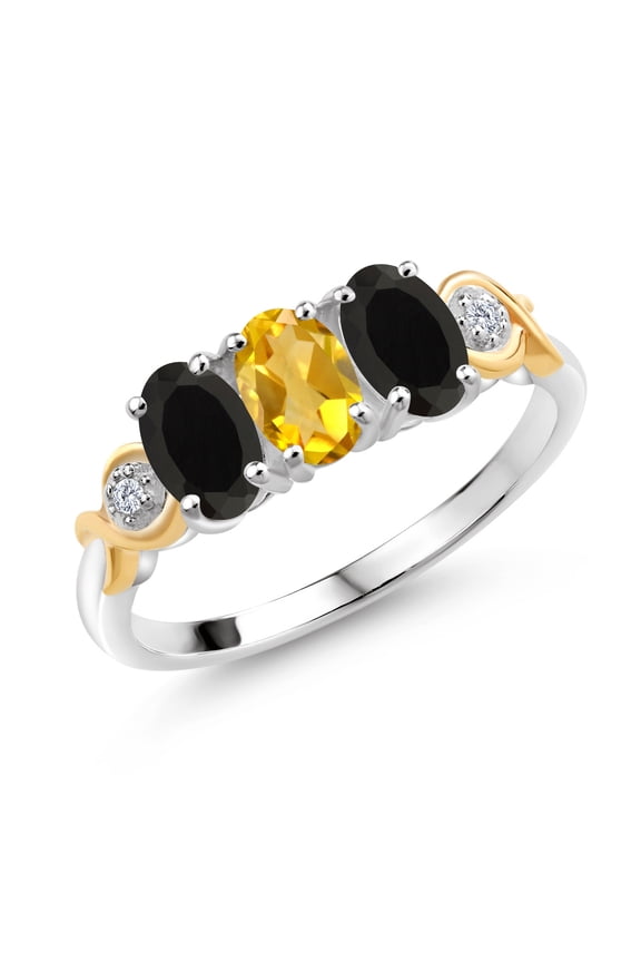 1.27 Ct Oval Yellow Citrine Black Onyx 925 Silver and 10K Yellow Gold G-H Lab Grown Diamond Women Ring (Size 8)