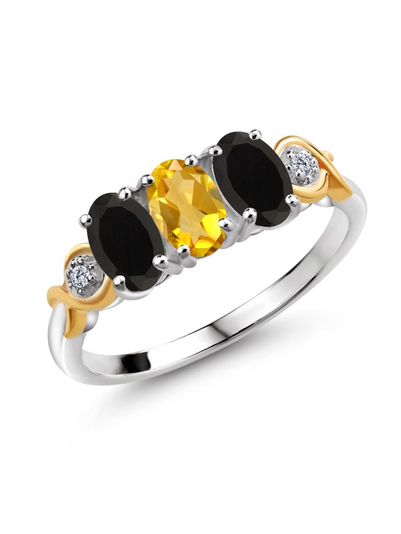 1.27 Ct Oval Yellow Citrine Black Onyx 925 Silver and 10K Yellow Gold G-H Lab Grown Diamond Women Ring (Size 9)