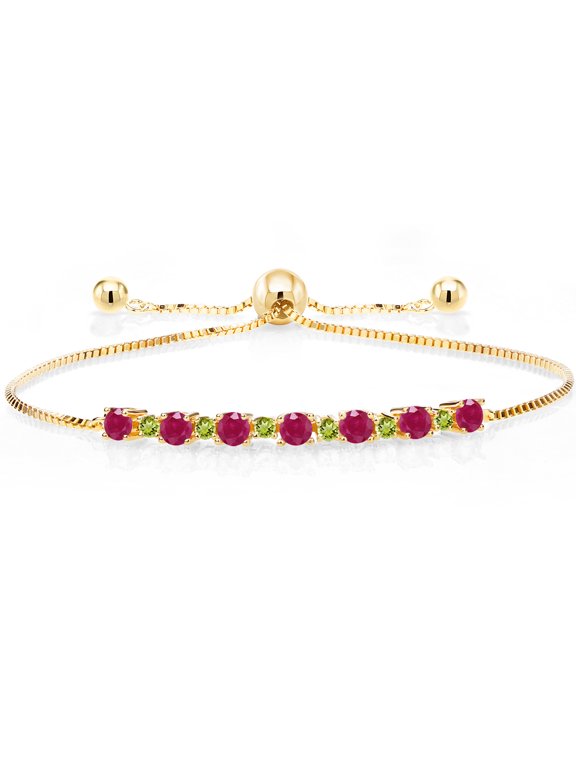 1.27 Ct Red Ruby Green Peridot 18K Yellow Gold Plated Silver Adjustable Tennis Bracelet for Women up to 9 inch