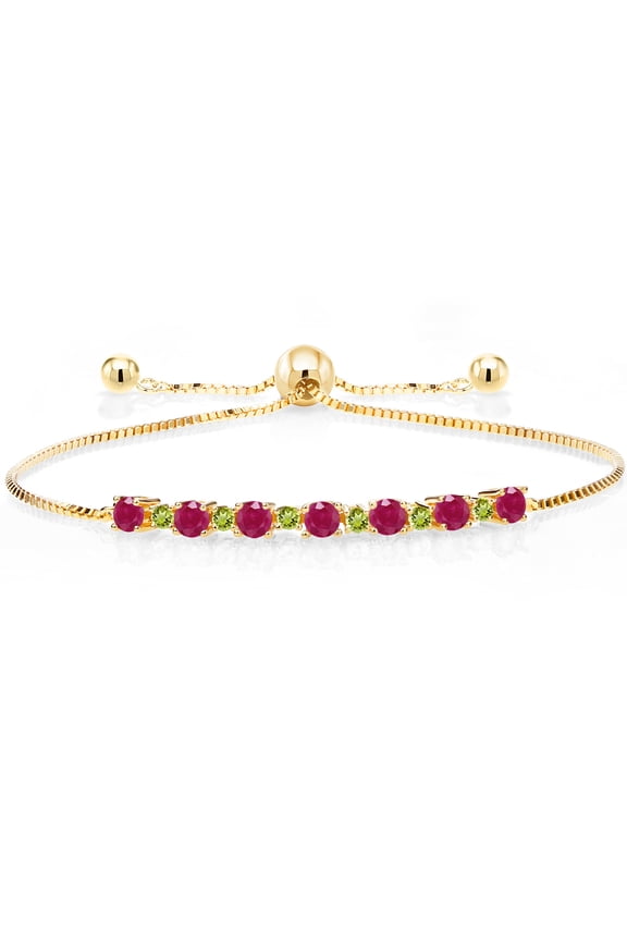 1.27 Ct Red Ruby Green Peridot 18K Yellow Gold Plated Silver Adjustable Tennis Bracelet for Women up to 9 inch
