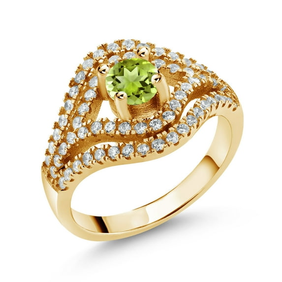 Gem Stone King 1.28 Ct Round Green Peridot 18K Yellow Gold Plated Silver Ring