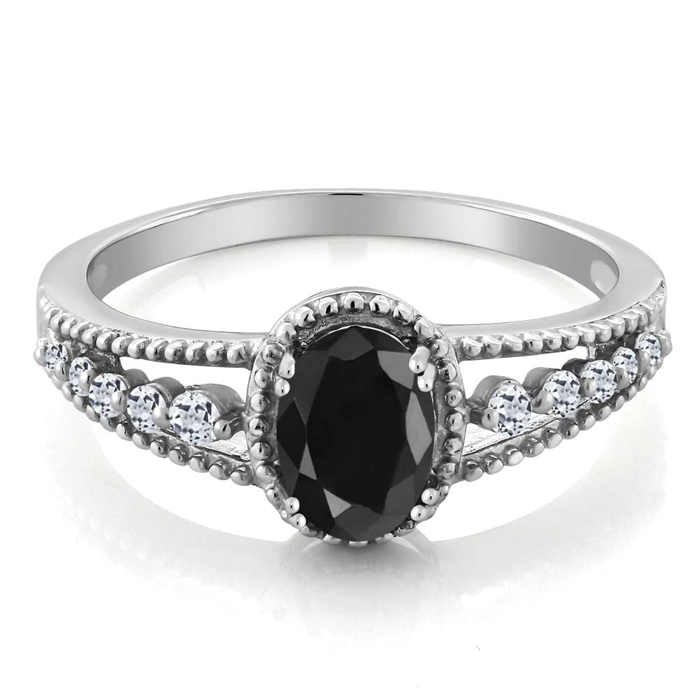 Gem Stone King 1.28 Cttw 925 Sterling Silver Black Sapphire and White Topaz Engagement Ring for Women | Oval 7X5MM | Gemstone Birthstone | Available in Size 5, 6, 7, 8, 9