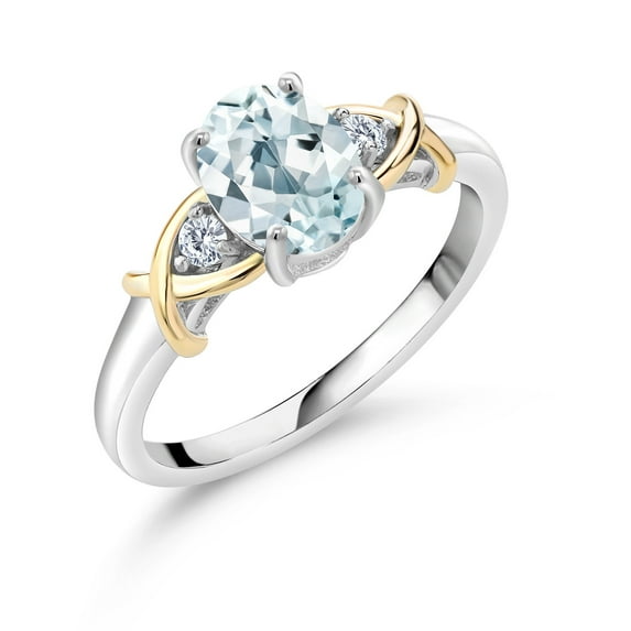 Gem Stone King 1.28 Cttw Sky Blue Aquamarine and White Lab Grown Diamond Ring for Women | 2 Tone 10K Yellow Gold and 925 Sterling Silver | Gemstone Birthstone | Available in Size 5, 6, 7, 8, 9