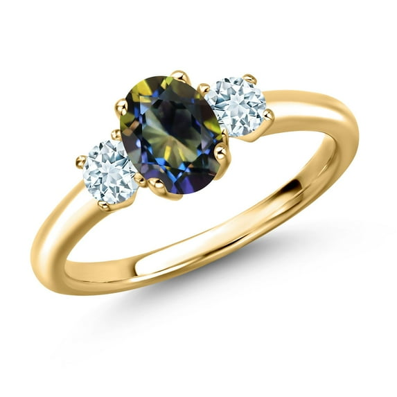 Gem Stone King 18K Yellow Gold Plated Silver Blue Mystic Topaz and Sky Blue Aquamarine Engagement Ring for Women | 1.29 Cttw | Oval 7X5MM | Gemstone November Birthstone | Size 7