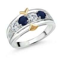 Gem Stone King 1.29 Ct E-F Lab Grown Diamond Blue Sapphire 925 Silver and 10K Yellow Gold 4-Stone Band Ring (Size 7)