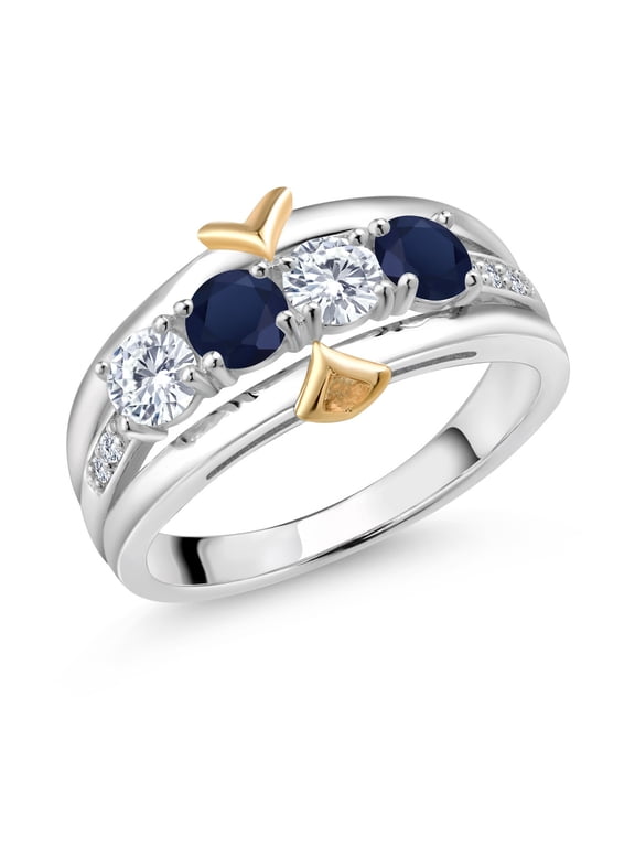 1.29 Ct E-F Lab Grown Diamond Blue Sapphire 925 Silver and 10K Yellow Gold 4-Stone Band Ring (Size 9)
