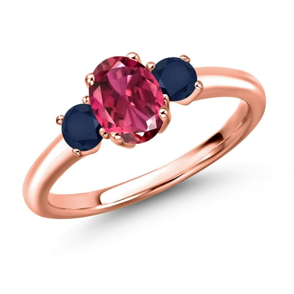 Gem Stone King 18K Rose Gold Plated Silver Pink Tourmaline and Blue Sapphire Engagement Ring for Women | 1.29 Cttw | Oval 7X5MM | Gemstone October Birthstone | Size 6