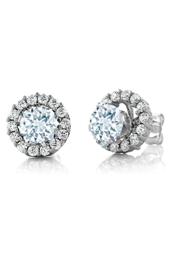 1.29 Ct Round Sky Blue Aquamarine Gemstone 925 Silver Stud Earrings with Jackets