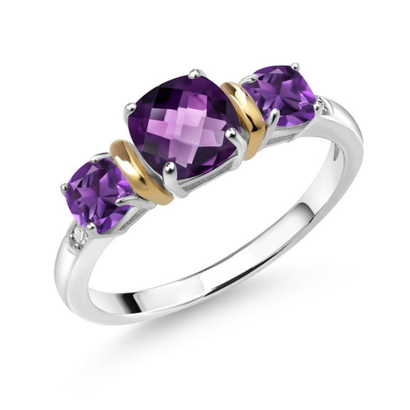 Gem Stone King 1.30 Ct Cushion Checkerboard Purple Amethyst 925 Silver and 10K Yellow Gold Diamond 3-Stone Ring (Size 5)