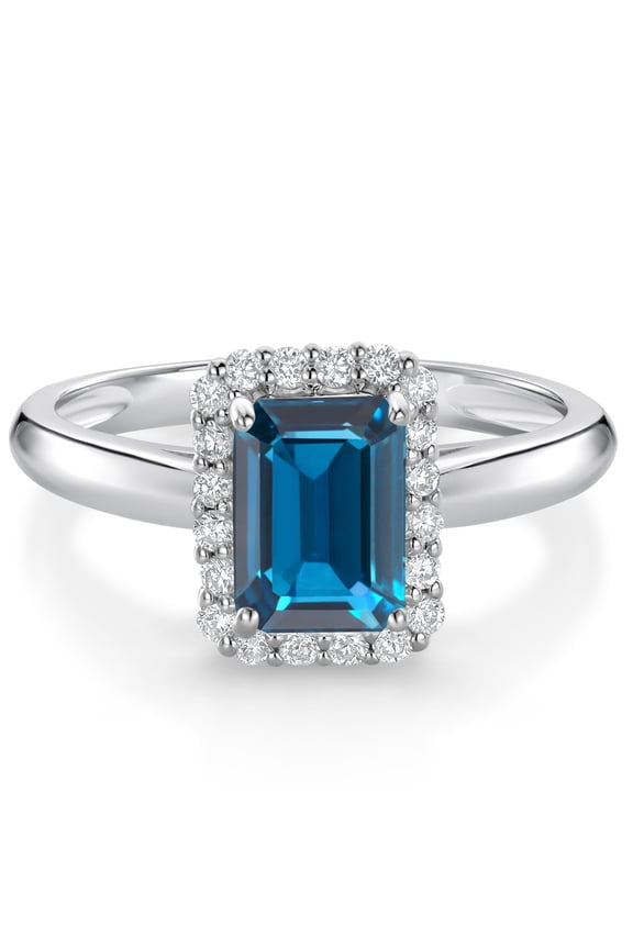 1.30 Ct Emerald Cut London Blue Topaz G/H Lab Grown Diamond 10K White Gold Halo Engagement Ring (Size 8)