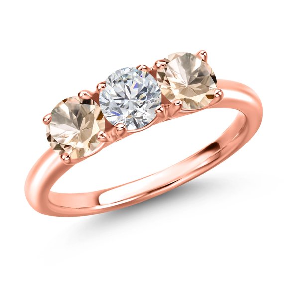 Gem Stone King 18K Rose Gold Plated Silver Lab Grown Diamond and Peach Morganite Engagement Ring for Women | 1.30 Cttw | Round 5MM | Gemstone April Birthstone | Size 7