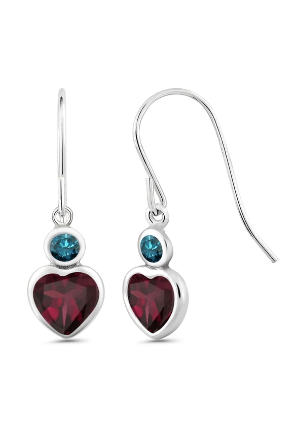 1.30 Ct Heart Shape Red Rhodolite Garnet Blue Diamond 14K White Gold Earrings