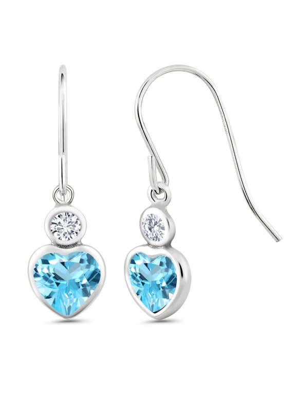 1.30 Ct Heart Shape Swiss Blue Topaz G/H Lab Grown Diamond 14K White Gold Earrings