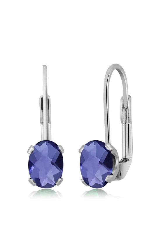 925 Sterling Silver Blue Iolite and Earrings for Women | 1.30 Cttw | Gemstone Birthstone | Oval Checkerboard 7X5MM