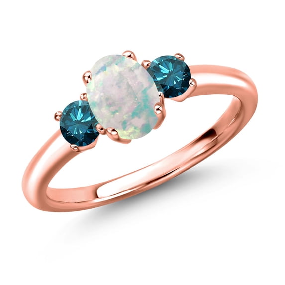 Gem Stone King 18K Rose Gold Plated Silver Simulated White Opal and Blue Diamond Engagement Ring for Women | 1.30 Cttw | Oval Cabochon 7X5MM | Gemstone October Birthstone | Size 8