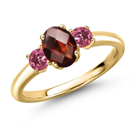 Gem Stone King 18K Yellow Gold Plated Silver Red Garnet and Pink Tourmaline Engagement Ring for Women | 1.30 Cttw | Oval Checkerboard 7X5MM | Gemstone January Birthstone | Size 6