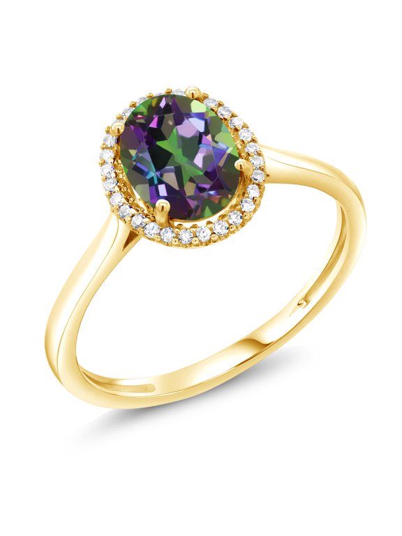 1.30 Ct Oval Green Mystic Topaz 10K Yellow Gold Diamond Ring