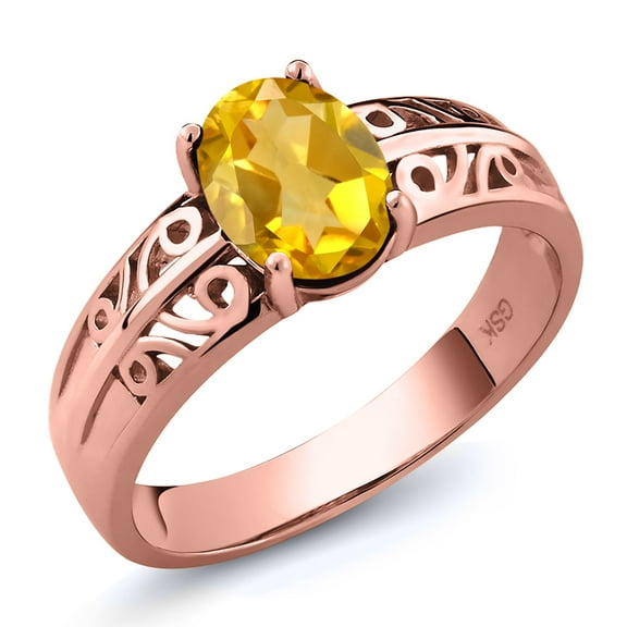 Gem Stone King 1.30 Ct Oval Yellow Citrine 18K Rose Gold Plated Silver Ring (Size 9)