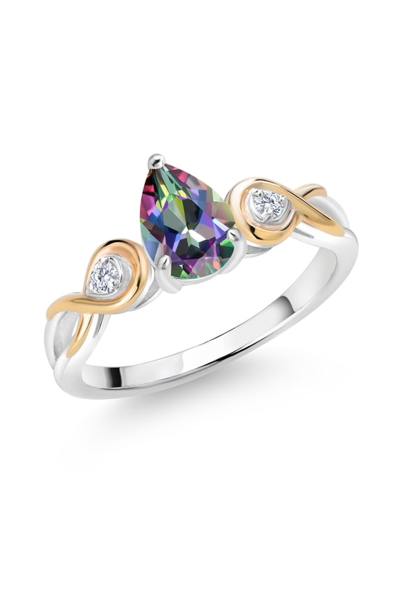 1.30 Ct Pear Shape Green Mystic Topaz 925 Silver and 10K Yellow Gold E-F Lab Grown Diamond Ring