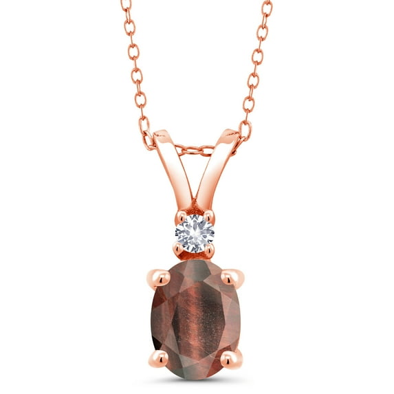 Gem Stone King 1.30 Ct Red Tiger Eye White Created Sapphire 18K Rose Gold Plated Silver Pendant with Chain