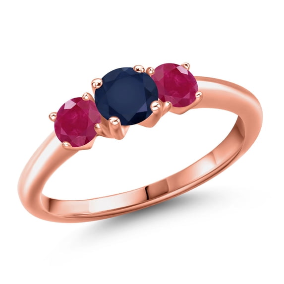Gem Stone King 18K Rose Gold Plated Silver Blue Sapphire and Red Ruby Engagement Ring for Women | 1.30 Cttw | Round 5MM | Gemstone September Birthstone | Size 5