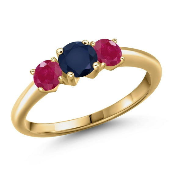 Gem Stone King 18K Yellow Gold Plated Silver Blue Sapphire and Red Ruby Engagement Ring for Women | 1.30 Cttw | Round 5MM | Gemstone September Birthstone | Size 8