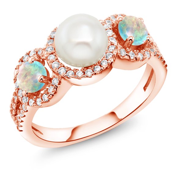 Gem Stone King 1.30 Ct Round Cabochon White Simulated Opal 18K Rose Gold Plated Silver Cultured Freshwater Pearl Ring