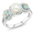 thumbnail image 1 of Gem Stone King 1.30 Cttw Round Cabochon White Simulated Opal 925 Sterling Silver Cultured Freshwater Pearl Ring for Women | Gemstone Birthstone | Available in Size 5, 6, 7, 8, 9, 1 of 3