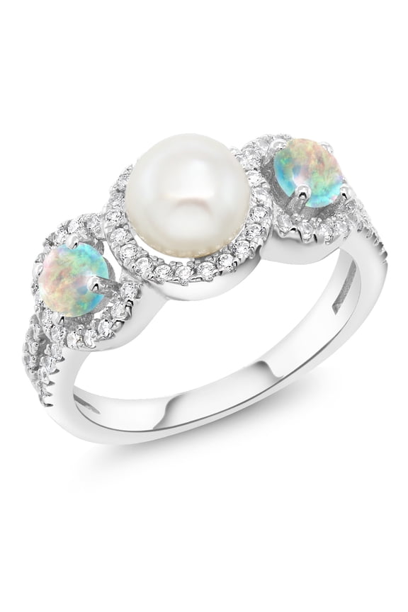 1.30 Cttw Round Cabochon White Simulated Opal 925 Sterling Silver Cultured Freshwater Pearl Ring for Women | Gemstone Birthstone | Available in Size 5, 6, 7, 8, 9