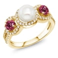 thumbnail image 1 of Gem Stone King 1.30 Ct Round Pink Tourmaline 18K Yellow Gold Plated Silver Cultured Freshwater Pearl Ring, 1 of 4