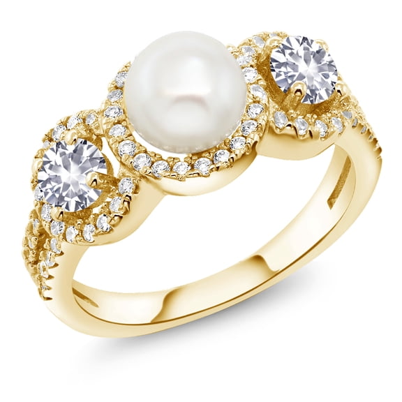 Gem Stone King 1.30 Ct White Created Sapphire 18K Yellow Gold Plated Silver Cultured Freshwater Pearl Ring