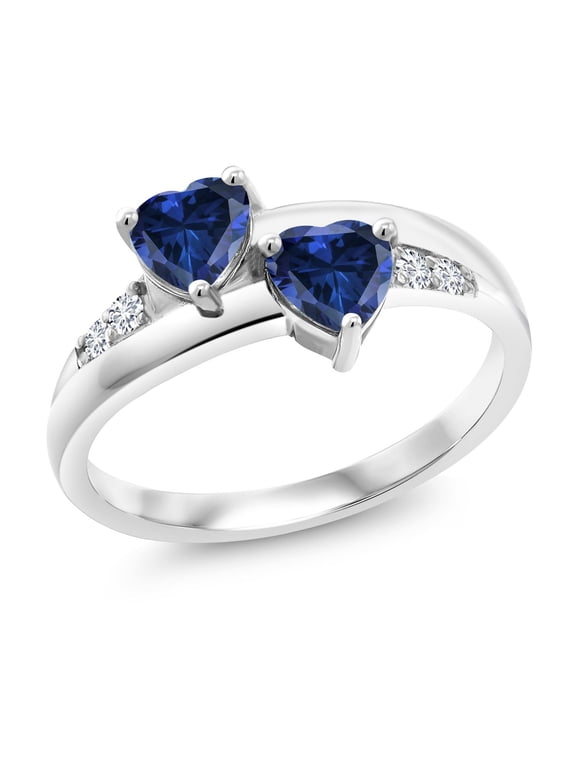 1.30 Cttw Blue Created Sapphire and White Lab Grown Diamond Ring for Women | 925 Sterling Silver | 5MM Heart Shape | Wedding Engagement Anniversary Promise Ring for Women | Size 7