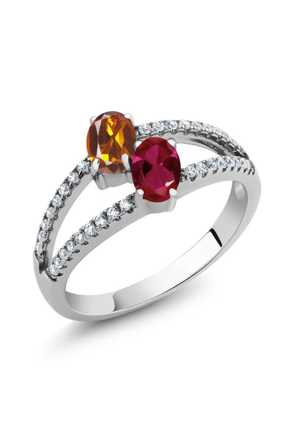 Orange Red Madeira Citrine Red Created Ruby 1.31 Ct Two Stone 925 Sterling Silver Ring (Size 6)