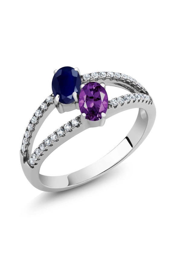1.31 Ct Oval Blue Sapphire Purple Amethyst Two Stone 925 Sterling Silver Ring (Size 8)
