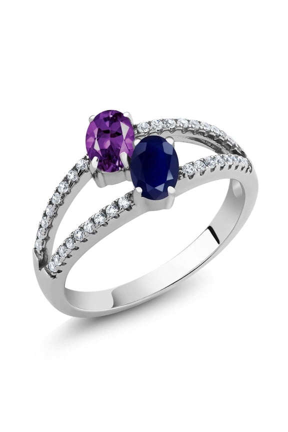 1.31 Ct Oval Purple Amethyst Blue Sapphire Two Stone 925 Sterling Silver Ring (Size 9)