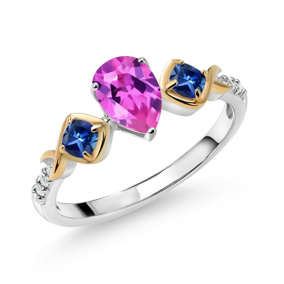 Gem Stone King 1.31 Ct Pink Created Sapphire Blue Created Sapphire 925 Silver and 10K Yellow Gold Ring (Size 5)
