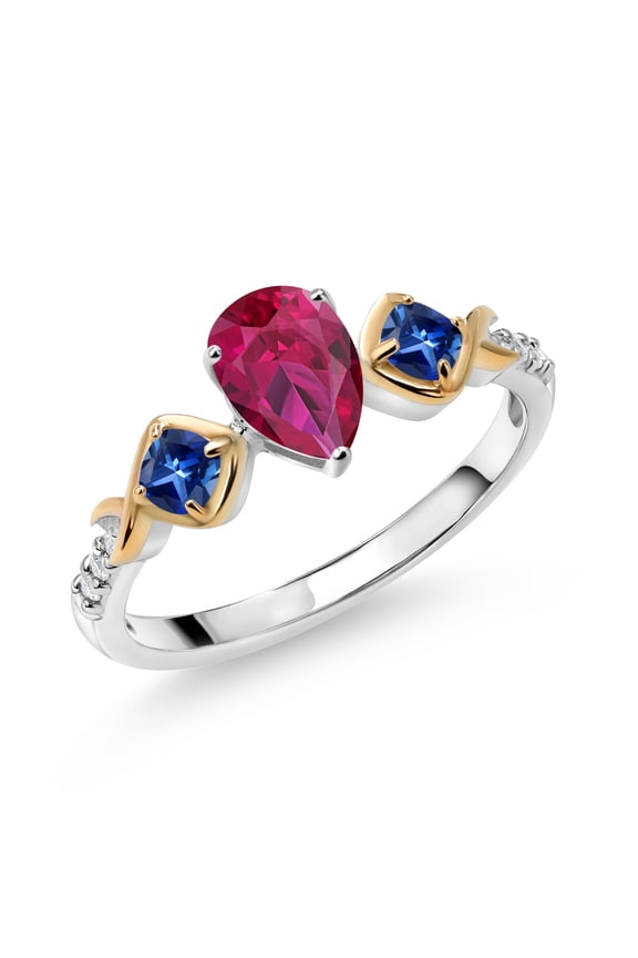 1.31 Ct Red Created Ruby Blue Created Sapphire 925 Silver and 10K Yellow Gold Ring (Size 8)
